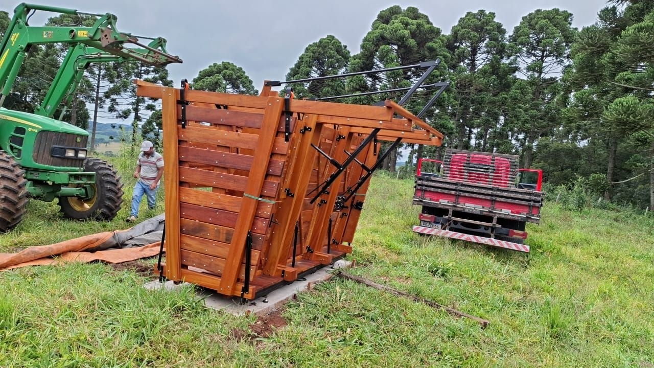 Trator levando as peças do tronco do caminhão até o pasto